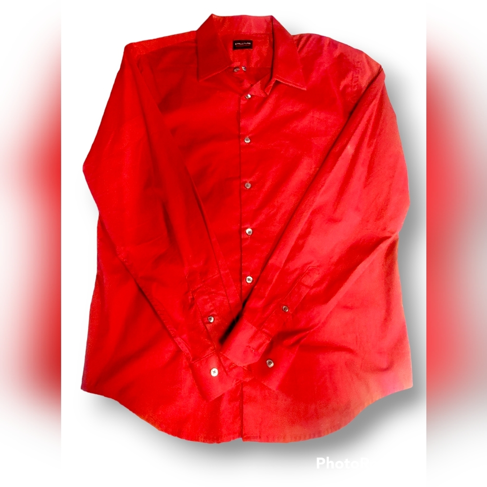Mens Long Sleeve Dress Shirt Red Structure Slim Fit Large 16-16.6